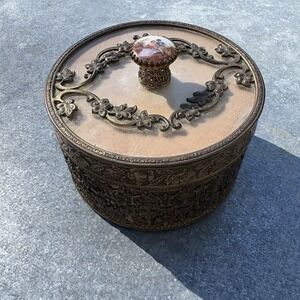 Antique Beveled Glass & Brass Jewelry Box Trinket Casket Ornate Filigree Ormolu